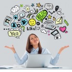 Online life concept. Business Woman looking upwards while workin